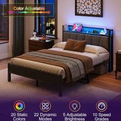 Redom Lit 140x190 cm avec tête de lit rembourrée, cadre métal noir, éclairage LED intégré et rangement Hot