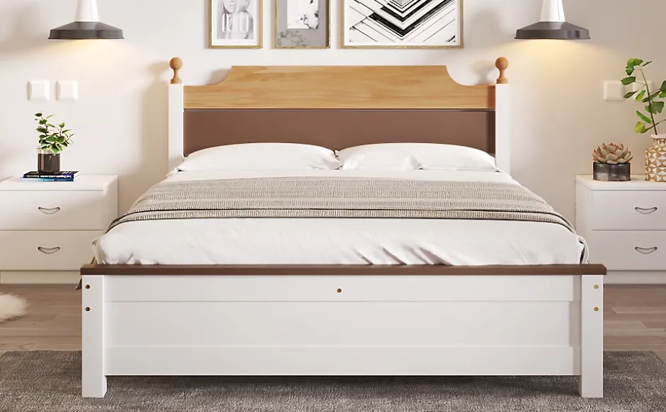 Redom Lit 140x200 cm avec tête de lit colorée blanc/naturel/marron, cadre en pin massif et pieds boules