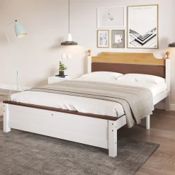 Redom Lit 140x200 cm avec tête de lit colorée blanc/naturel/marron, cadre en pin massif et pieds boules