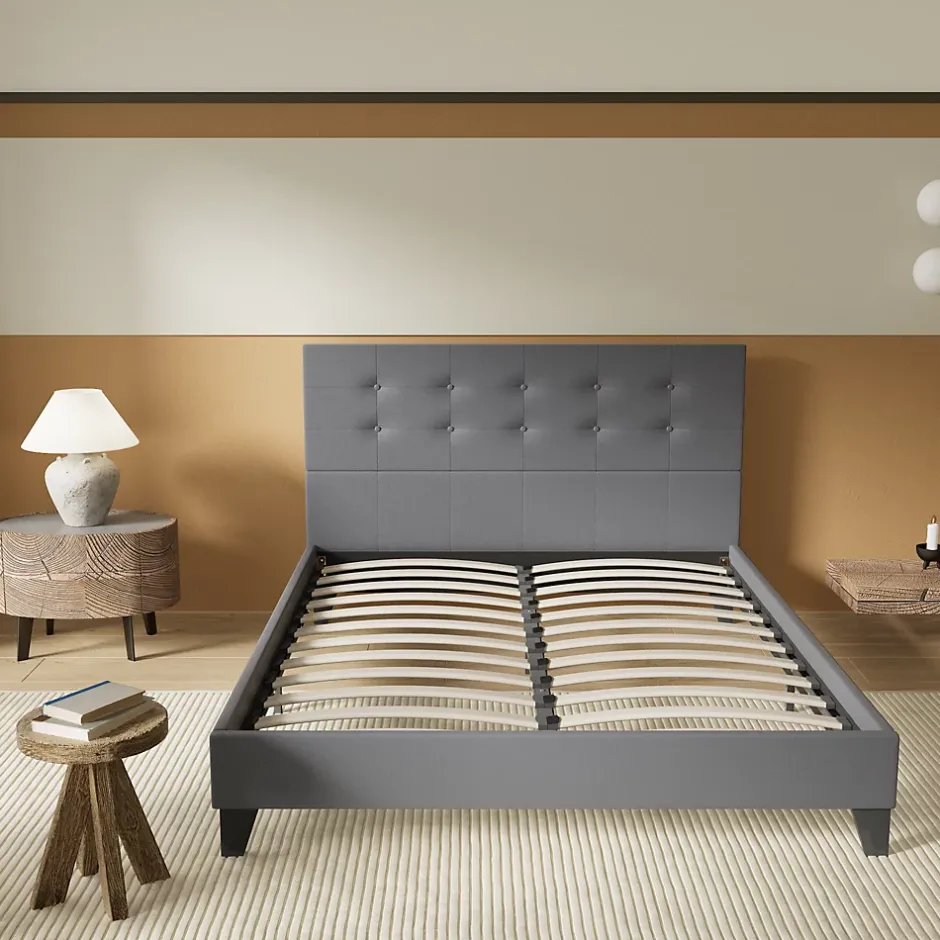 November Lit 120x190 Cm Avec Tête De Lit Boutonnée Simili Gris Discount