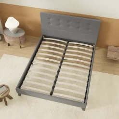 November Lit 120x190 Cm Avec Tête De Lit Boutonnée Simili Gris Discount