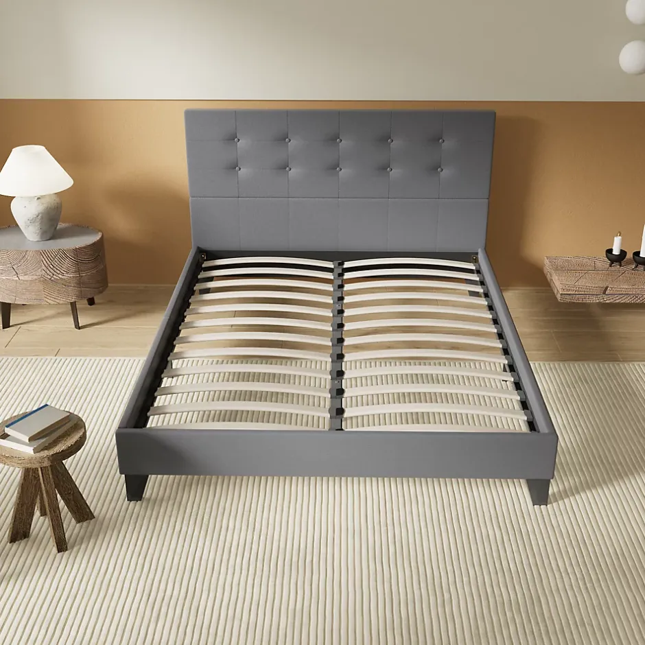 November Lit 120x190 Cm Avec Tête De Lit Boutonnée Simili Gris Discount