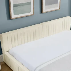 Redom Lit 160x200 cm avec tête de lit plissée en chenille beige et cadre métal sur bois d'eucalyptus New