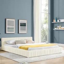 Redom Lit 160x200 cm avec tête de lit plissée en chenille beige et cadre métal sur bois d'eucalyptus New