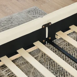 Redom Lit 160x200 cm avec tête de lit plissée en chenille beige et cadre métal sur bois d'eucalyptus New