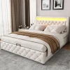 Redom Lit 160x200 cm avec tête de lit rembourrée, coffre de rangement intégré et éclairage LED, revêtement PU blanc