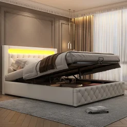 Redom Lit 160x200 cm avec tête de lit rembourrée, coffre de rangement intégré et éclairage LED, revêtement PU blanc