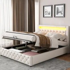 Redom Lit 160x200 cm avec tête de lit rembourrée, coffre de rangement intégré et éclairage LED, revêtement PU blanc