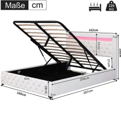Redom Lit 160x200 cm avec tête de lit rembourrée, coffre de rangement intégré et éclairage LED, revêtement PU blanc