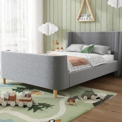 Redom Lit 90x200 cm avec tête de lit rembourrée, design luge en velours gris et structure bois-métal