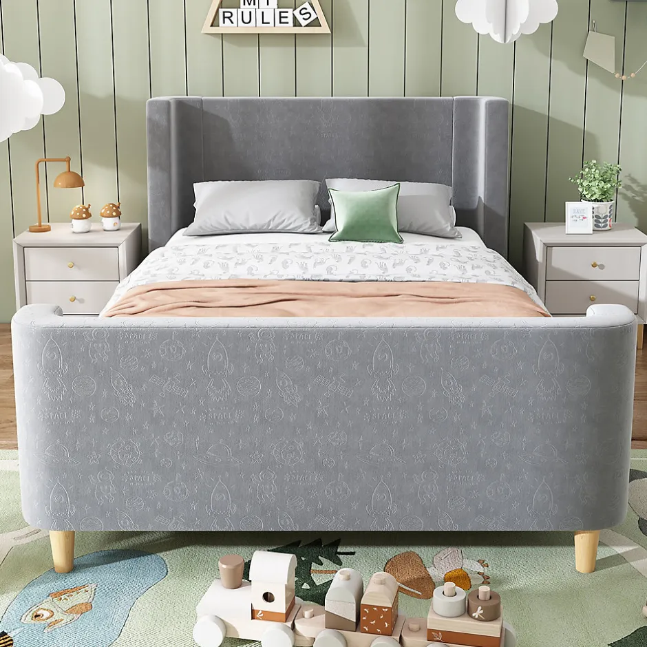 Redom Lit 90x200 cm avec tête de lit rembourrée, design luge en velours gris et structure bois-métal