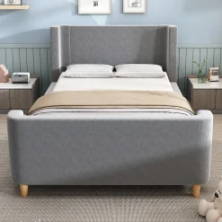 Redom Lit 90x200 cm avec tête de lit rembourrée, design luge en velours gris et structure bois-métal
