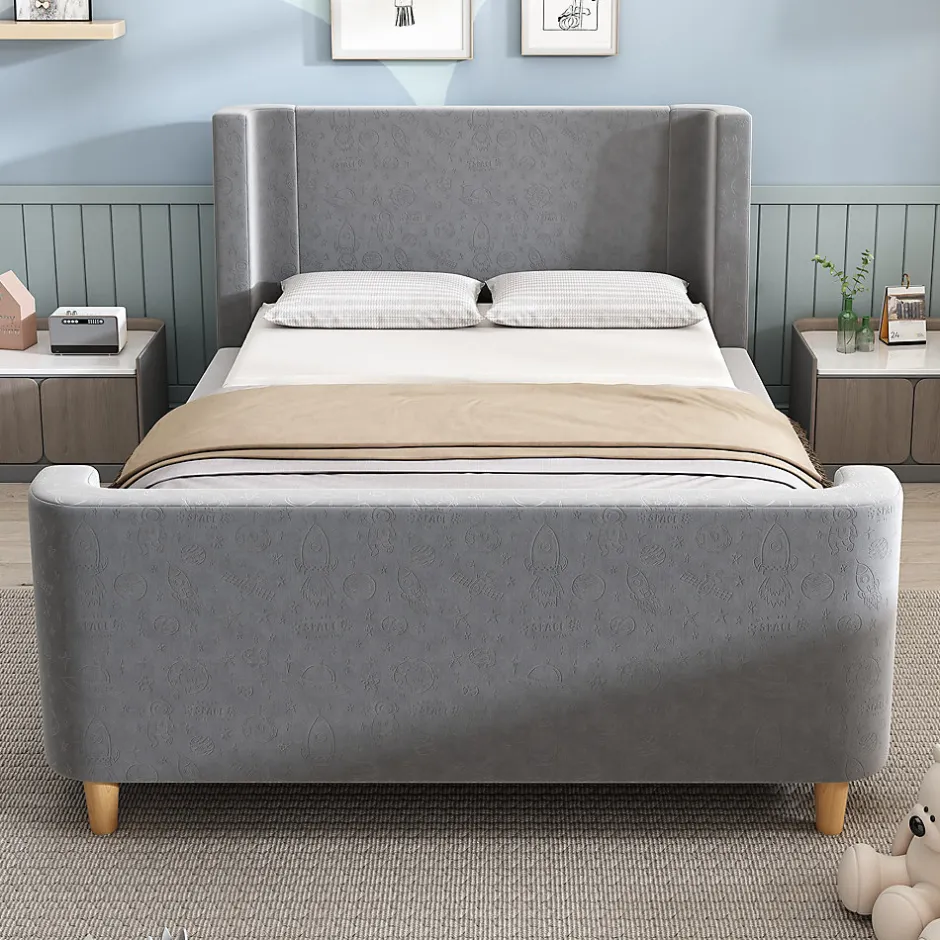 Redom Lit 90x200 cm avec tête de lit rembourrée, design luge en velours gris et structure bois-métal