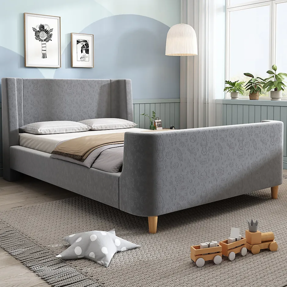 Redom Lit 90x200 cm avec tête de lit rembourrée, design luge en velours gris et structure bois-métal