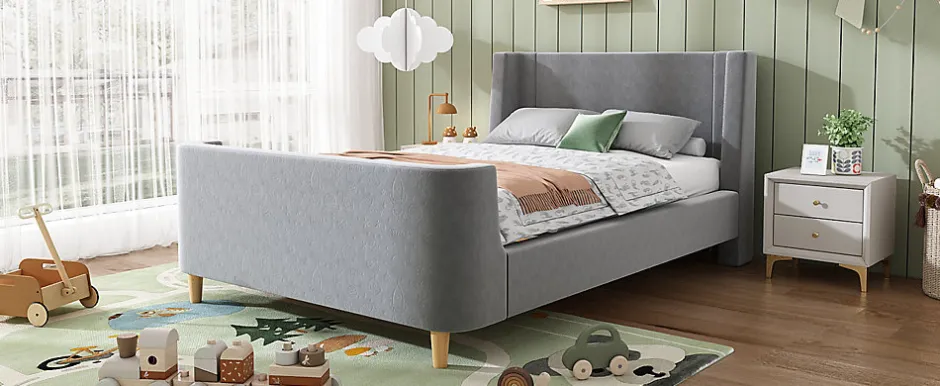 Redom Lit 90x200 cm avec tête de lit rembourrée, design luge en velours gris et structure bois-métal