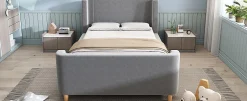 Redom Lit 90x200 cm avec tête de lit rembourrée, design luge en velours gris et structure bois-métal