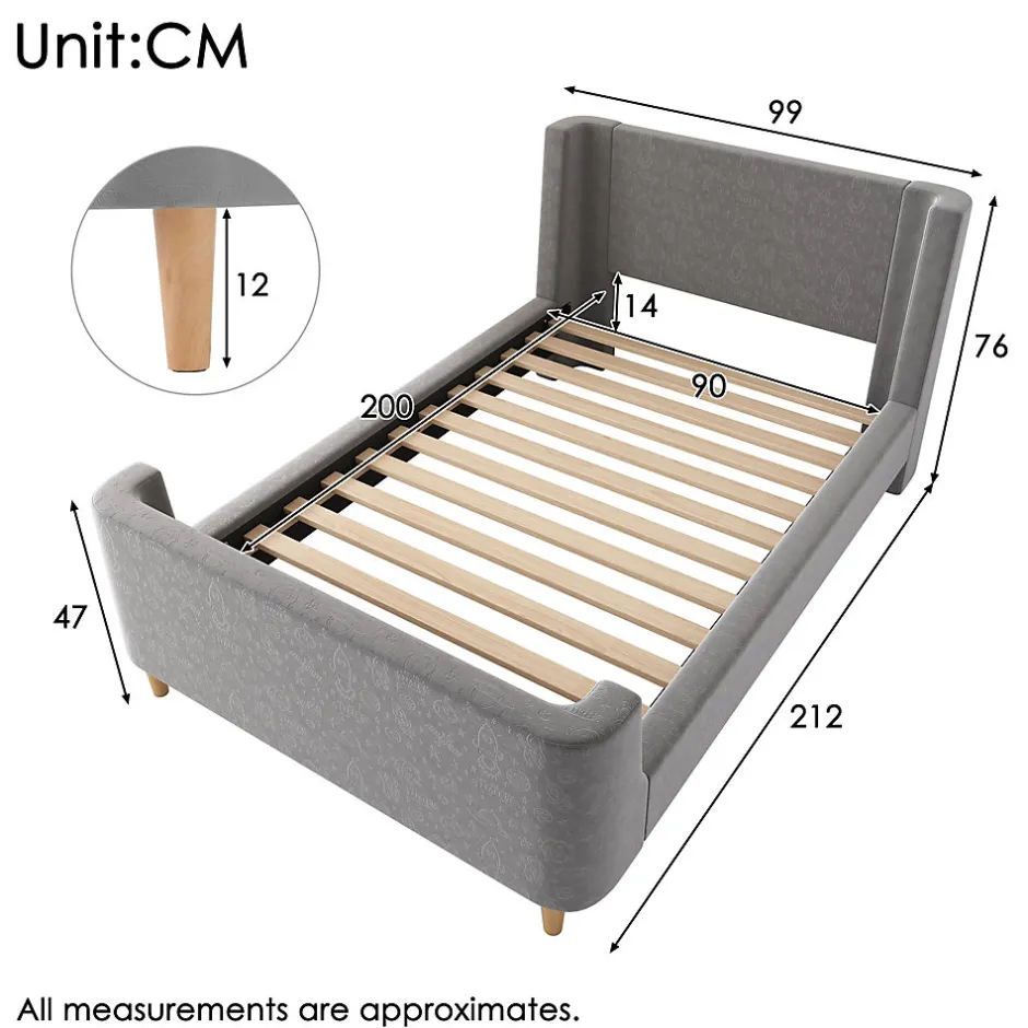 Redom Lit 90x200 cm avec tête de lit rembourrée, design luge en velours gris et structure bois-métal