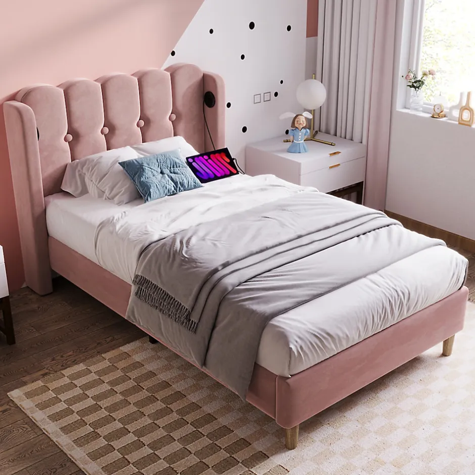 Redom Lit 90x200 cm avec tête de lit à panneaux, tapissé velours rose et station de charge USB-C intégrée