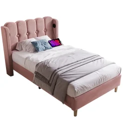 Redom Lit 90x200 cm avec tête de lit à panneaux, tapissé velours rose et station de charge USB-C intégrée