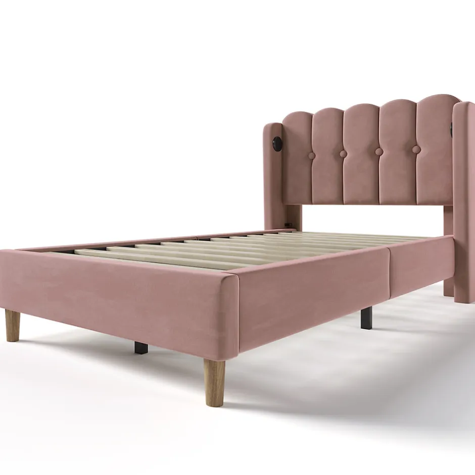 Redom Lit 90x200 cm avec tête de lit à panneaux, tapissé velours rose et station de charge USB-C intégrée