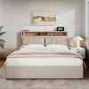 Redom Lit 140x200 cm avec tête de lit réglable et station de charge intégrée, tapissé lin beige, grand rangement Clearance