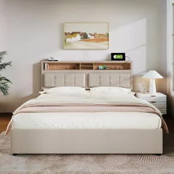 Redom Lit 140x200 cm avec tête de lit réglable et station de charge intégrée, tapissé lin beige, grand rangement Clearance