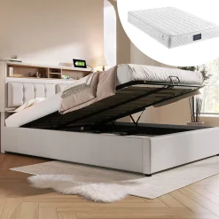 Redom Lit 140x200 cm avec tête de lit réglable et station de charge intégrée, tapissé lin beige, grand rangement Clearance