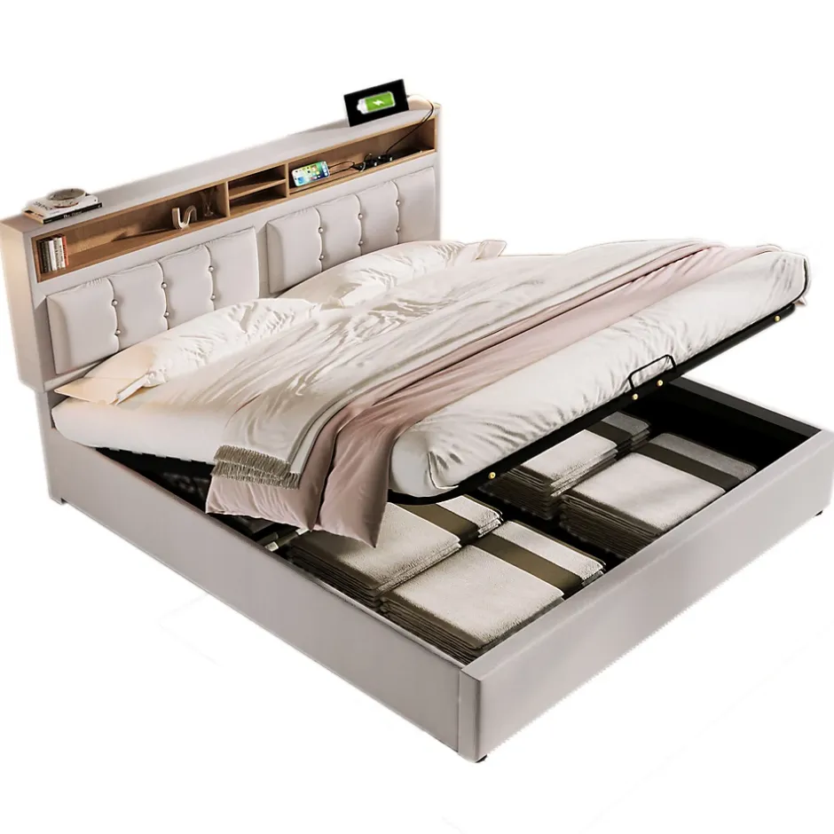 Redom Lit 140x200 cm avec tête de lit réglable et station de charge intégrée, tapissé lin beige, grand rangement Clearance