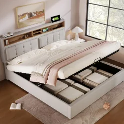 Redom Lit 140x200 cm avec tête de lit réglable et station de charge intégrée, tapissé lin beige, grand rangement Clearance