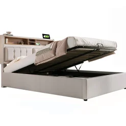 Redom Lit 140x200 cm avec tête de lit réglable et station de charge intégrée, tapissé lin beige, grand rangement Clearance