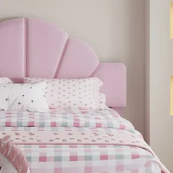 Redom Lit 140x200 cm avec tête de lit en velours rose et banc coordonné, bords anti-collision en mousse, cadre solide New