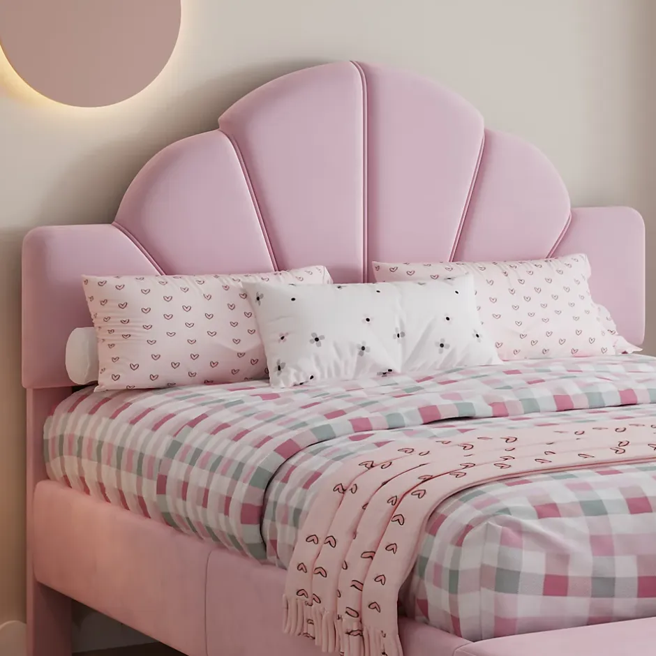 Redom Lit 140x200 cm avec tête de lit en velours rose et banc coordonné, bords anti-collision en mousse, cadre solide New