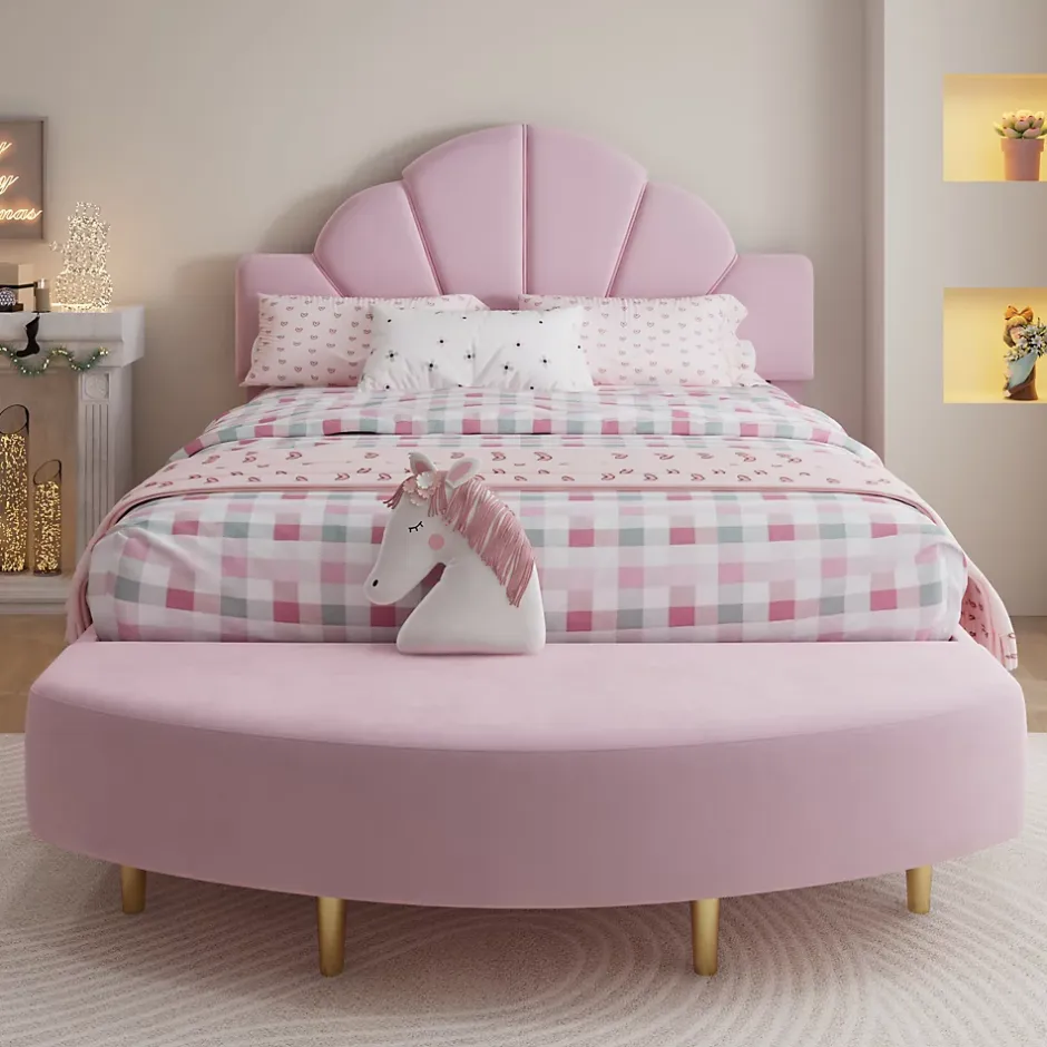 Redom Lit 140x200 cm avec tête de lit en velours rose et banc coordonné, bords anti-collision en mousse, cadre solide New