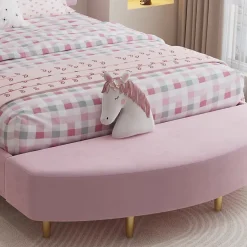 Redom Lit 140x200 cm avec tête de lit en velours rose et banc coordonné, bords anti-collision en mousse, cadre solide New