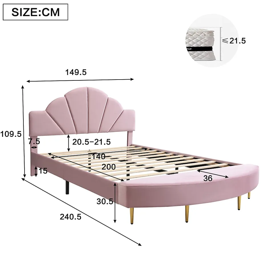 Redom Lit 140x200 cm avec tête de lit en velours rose et banc coordonné, bords anti-collision en mousse, cadre solide New