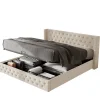 Redom Lit 140x200 cm avec tête de lit capitonnée en velours, coffre de rangement hydraulique et détails cloutés, beige Best