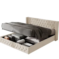 Redom Lit 140x200 cm avec tête de lit capitonnée en velours, coffre de rangement hydraulique et détails cloutés, beige Best