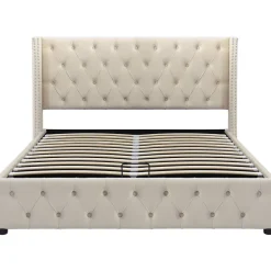 Redom Lit 140x200 cm avec tête de lit capitonnée en velours, coffre de rangement hydraulique et détails cloutés, beige Best