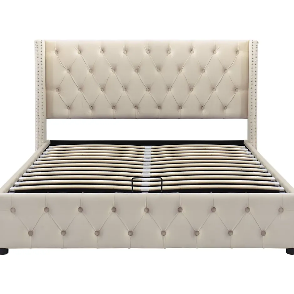 Redom Lit 140x200 cm avec tête de lit capitonnée en velours, coffre de rangement hydraulique et détails cloutés, beige Best