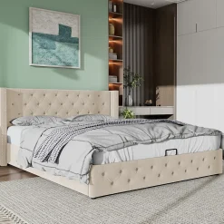 Redom Lit 140x200 cm avec tête de lit capitonnée en velours, coffre de rangement hydraulique et détails cloutés, beige Best