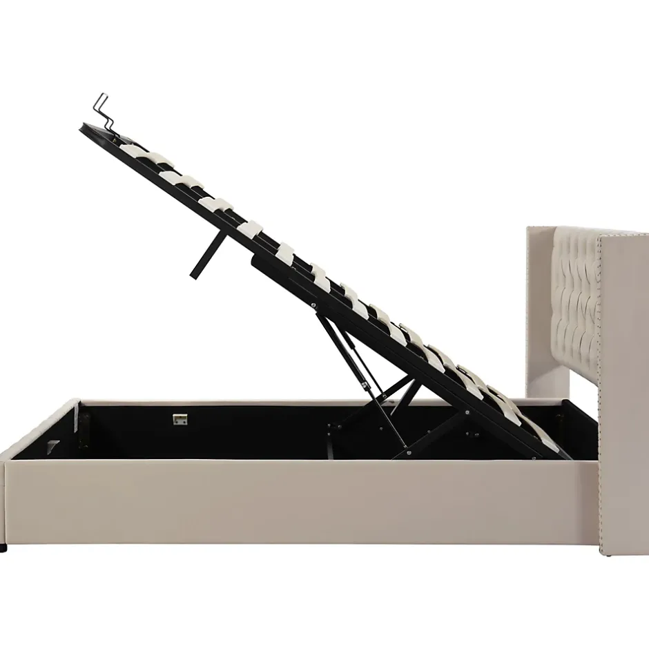 Redom Lit 140x200 cm avec tête de lit capitonnée en velours, coffre de rangement hydraulique et détails cloutés, beige Best