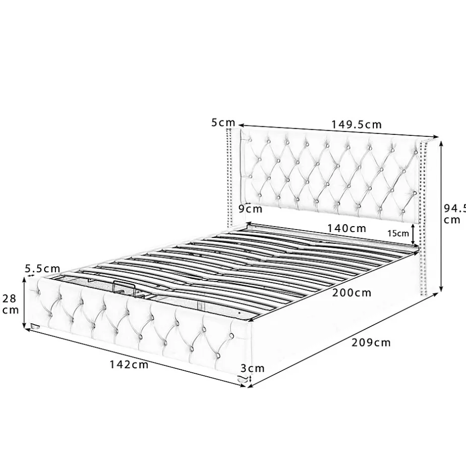 Redom Lit 140x200 cm avec tête de lit capitonnée en velours, coffre de rangement hydraulique et détails cloutés, beige Best