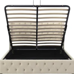Redom Lit 140x200 cm avec tête de lit capitonnée en velours, coffre de rangement hydraulique et détails cloutés, beige Best