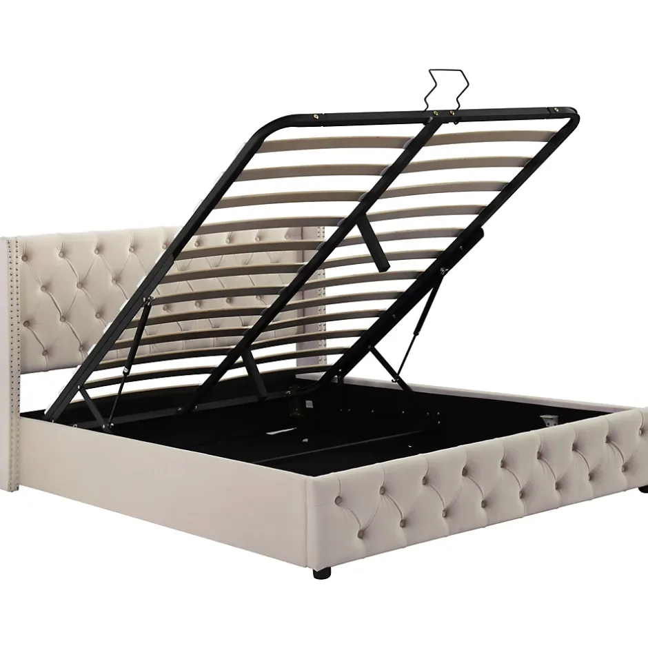 Redom Lit 140x200 cm avec tête de lit capitonnée en velours, coffre de rangement hydraulique et détails cloutés, beige Best