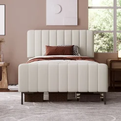 Redom Lit 90x200 cm avec tête de lit réglable, cadre rembourré en lin gris-beige, lattes en pin et pieds métal