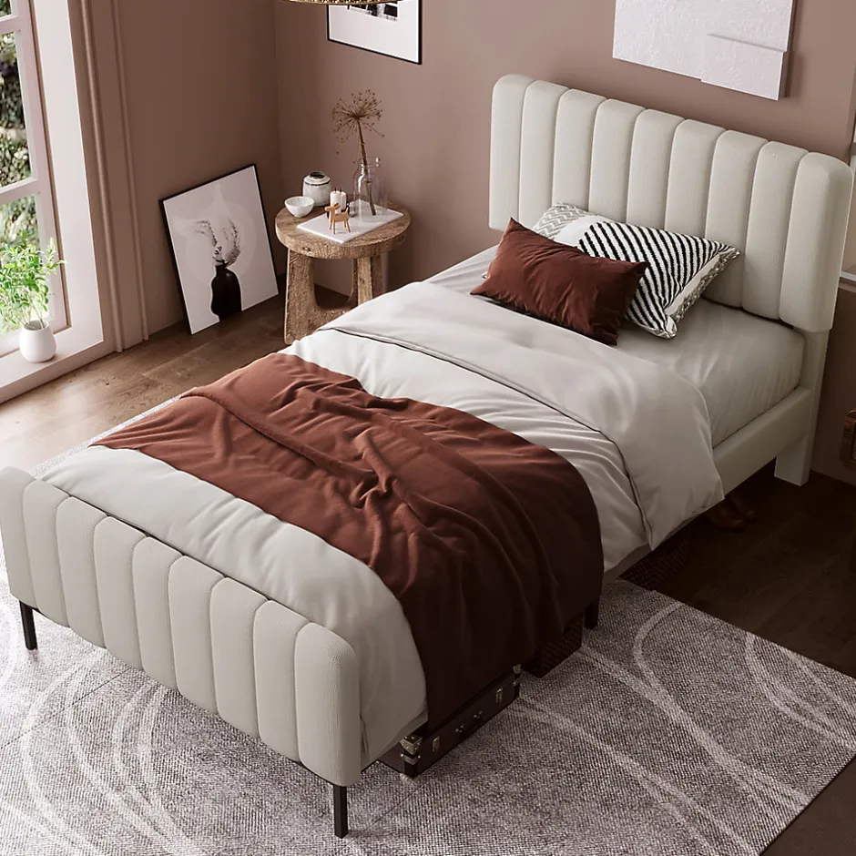 Redom Lit 90x200 cm avec tête de lit réglable, cadre rembourré en lin gris-beige, lattes en pin et pieds métal