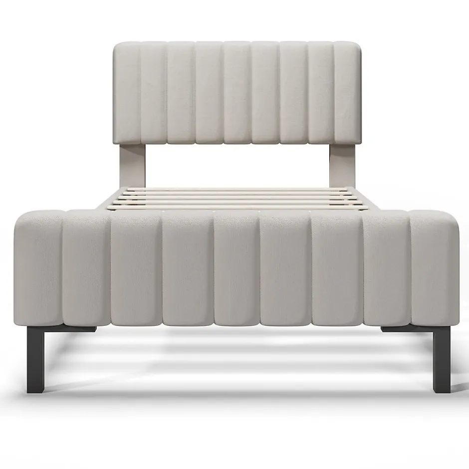 Redom Lit 90x200 cm avec tête de lit réglable, cadre rembourré en lin gris-beige, lattes en pin et pieds métal