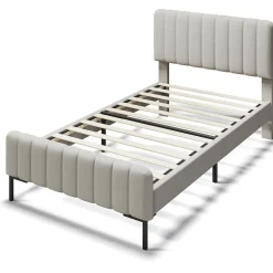 Redom Lit 90x200 cm avec tête de lit réglable, cadre rembourré en lin gris-beige, lattes en pin et pieds métal