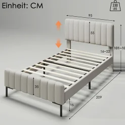 Redom Lit 90x200 cm avec tête de lit réglable, cadre rembourré en lin gris-beige, lattes en pin et pieds métal