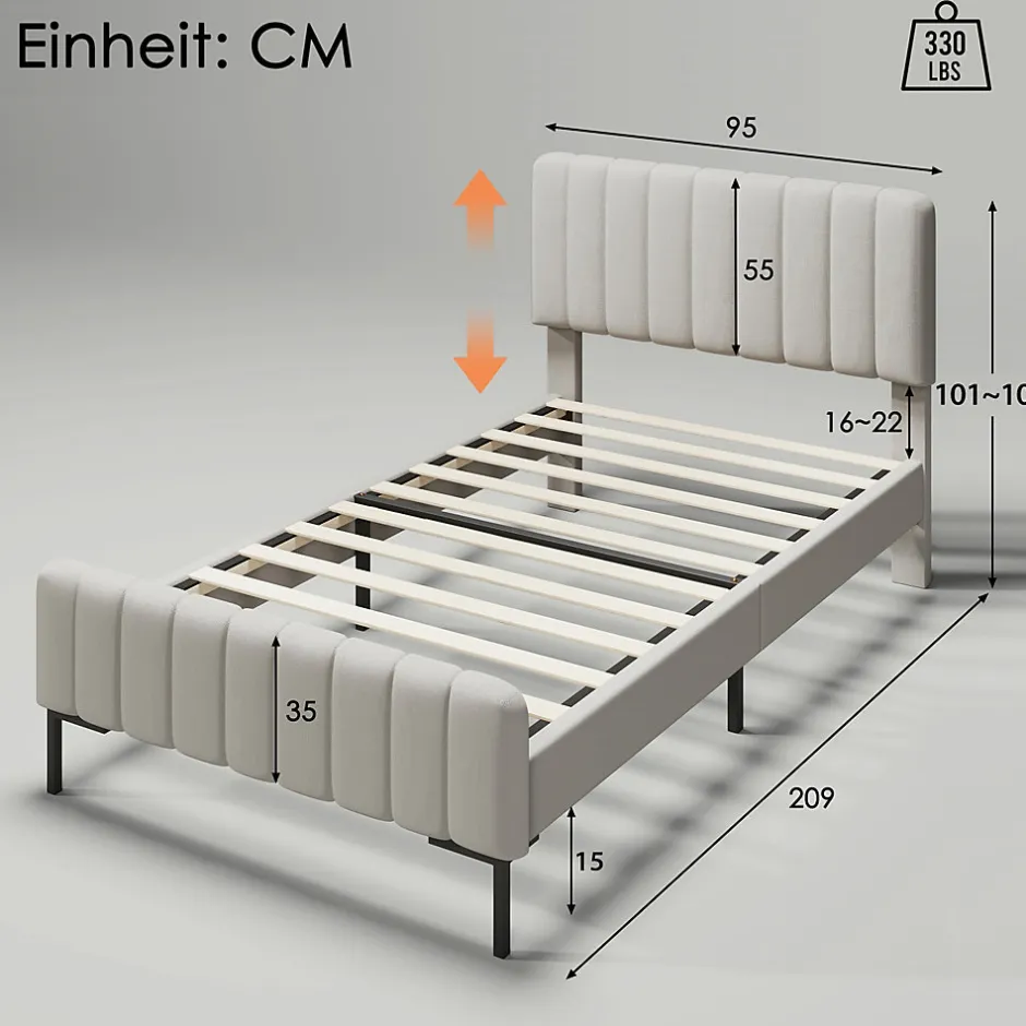 Redom Lit 90x200 cm avec tête de lit réglable, cadre rembourré en lin gris-beige, lattes en pin et pieds métal